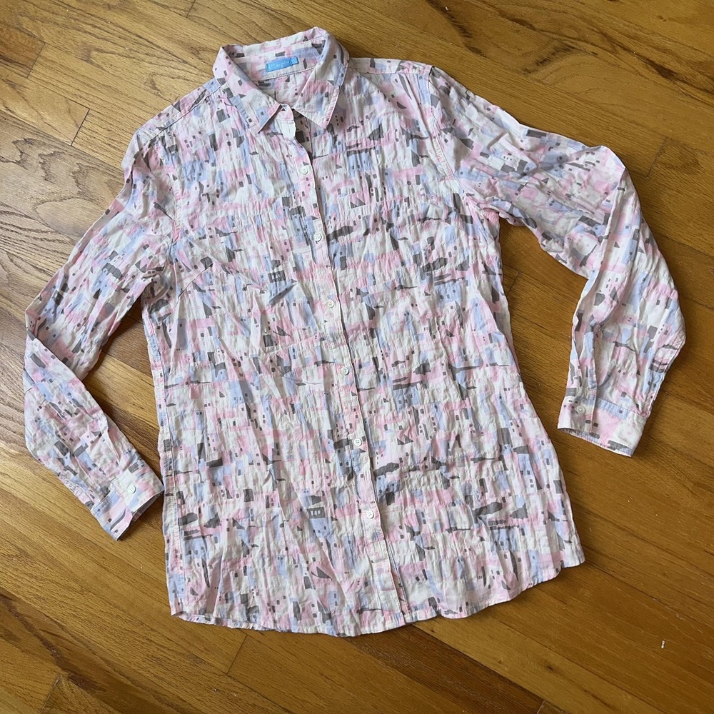 J McLaughlin Shirt M Office Button Up Collared Long Sleeve Geometric Print Pink